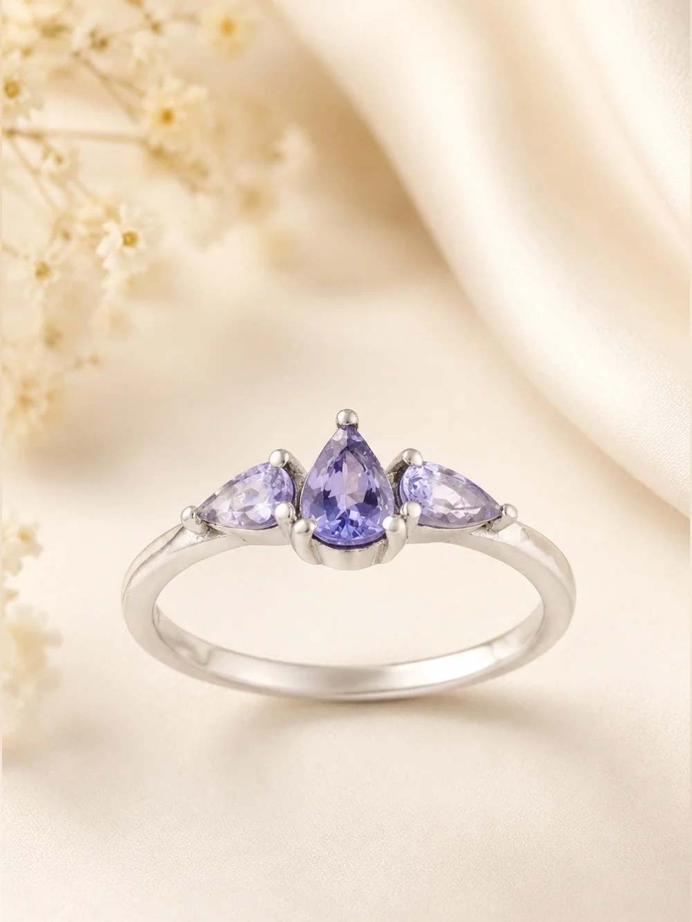 Tanzanite 3 Stone Ring 0.75 CTW Violet Blue Pear Cut Stainless Steel Ring Size 7